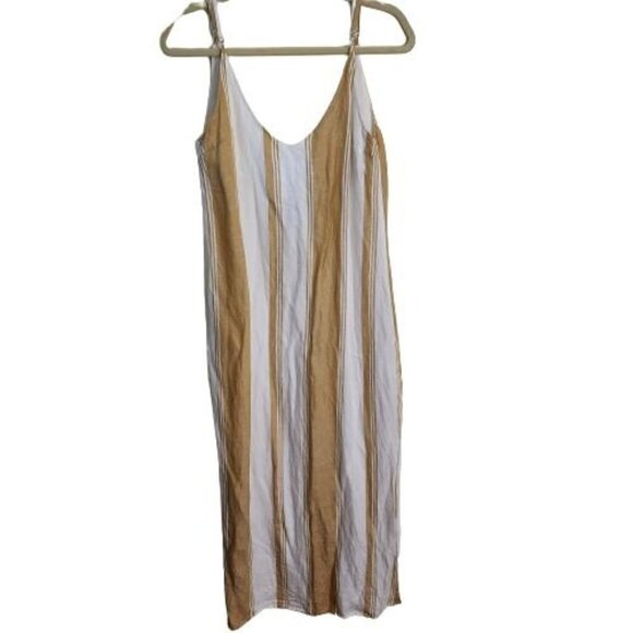 Thread & Supply Tan Ivory Striped Linen Blend Sleeveless Midi Maxi Dress Size S - Picture 1 of 9